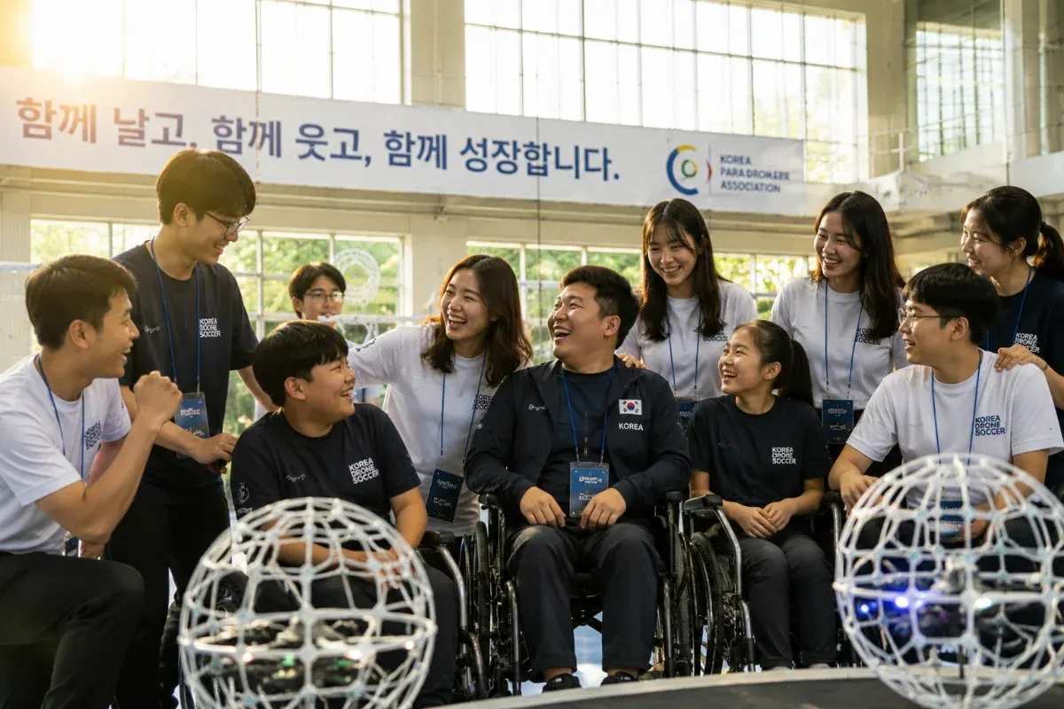 비전 이미지 — 함께 웃는 현장 사진 — 대한장애인드론축구협회